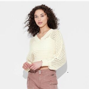 Wild Fable Cream V-Neck Crochet Chunky Knit
